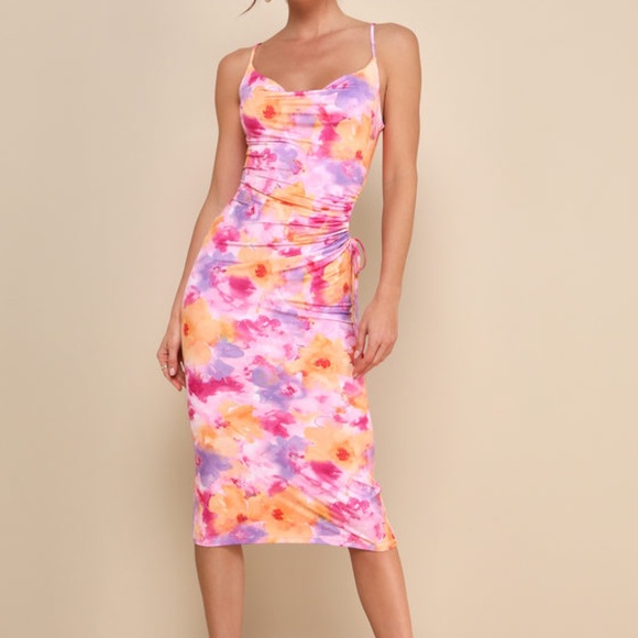 Lulus Vibrant Babe Pink Multi Floral Cutout Drawstring Midi Dress - Size XS - Picture 1 of 4